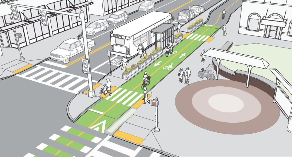 Intermediate-level bikeway with floating bus stop, 2024 AASHTO Bike Guide