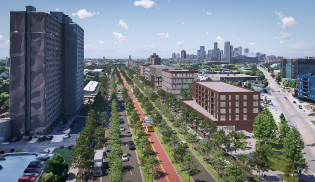 Rendering of a restored street scenario near Cedar-Riverside along I-94