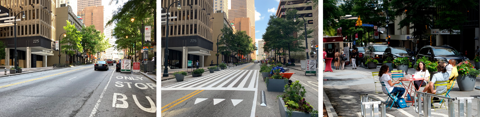 Three images showing the demonstration project site, the finished demonstration project, and people enjoying the new changes.