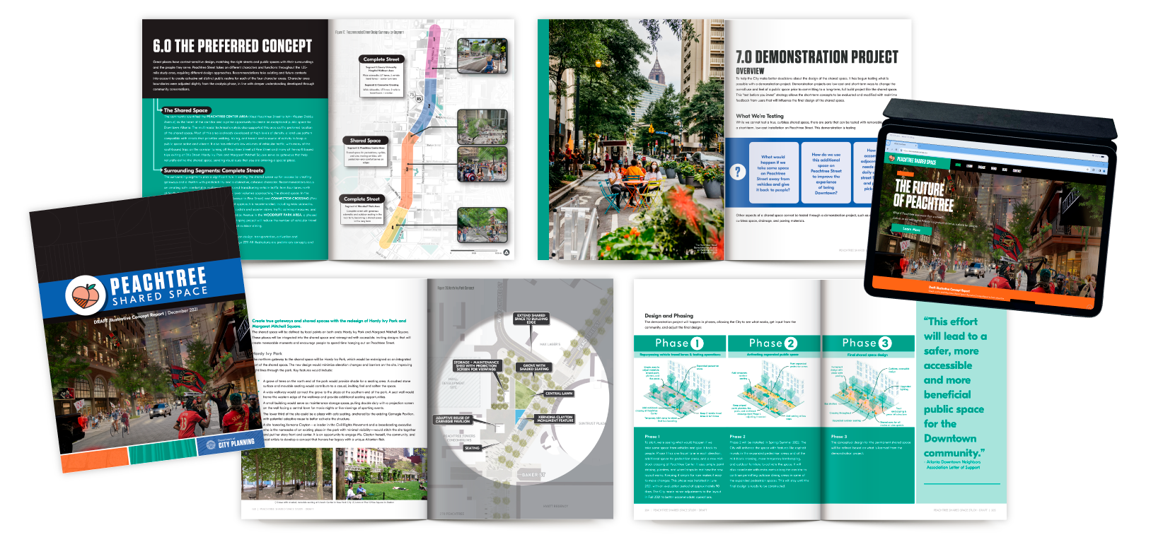 A mockup layout of the Peachtree Shared Space Concept Report highlighting a selected group of pages from the document and project website.