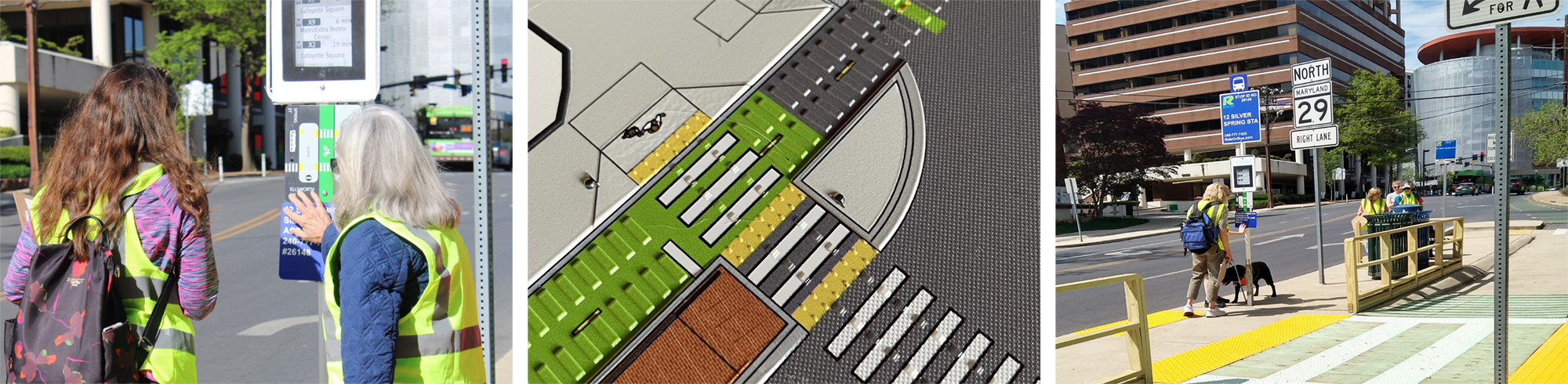 Collage of photos from the Silver Spring Street pilot demonstration testing out accessible design solutions for a floating bus stop.